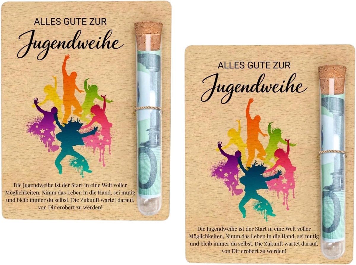 2 stuks creatief geldcadeau voor jeugddochter, met reageerbuis en houten kaart
