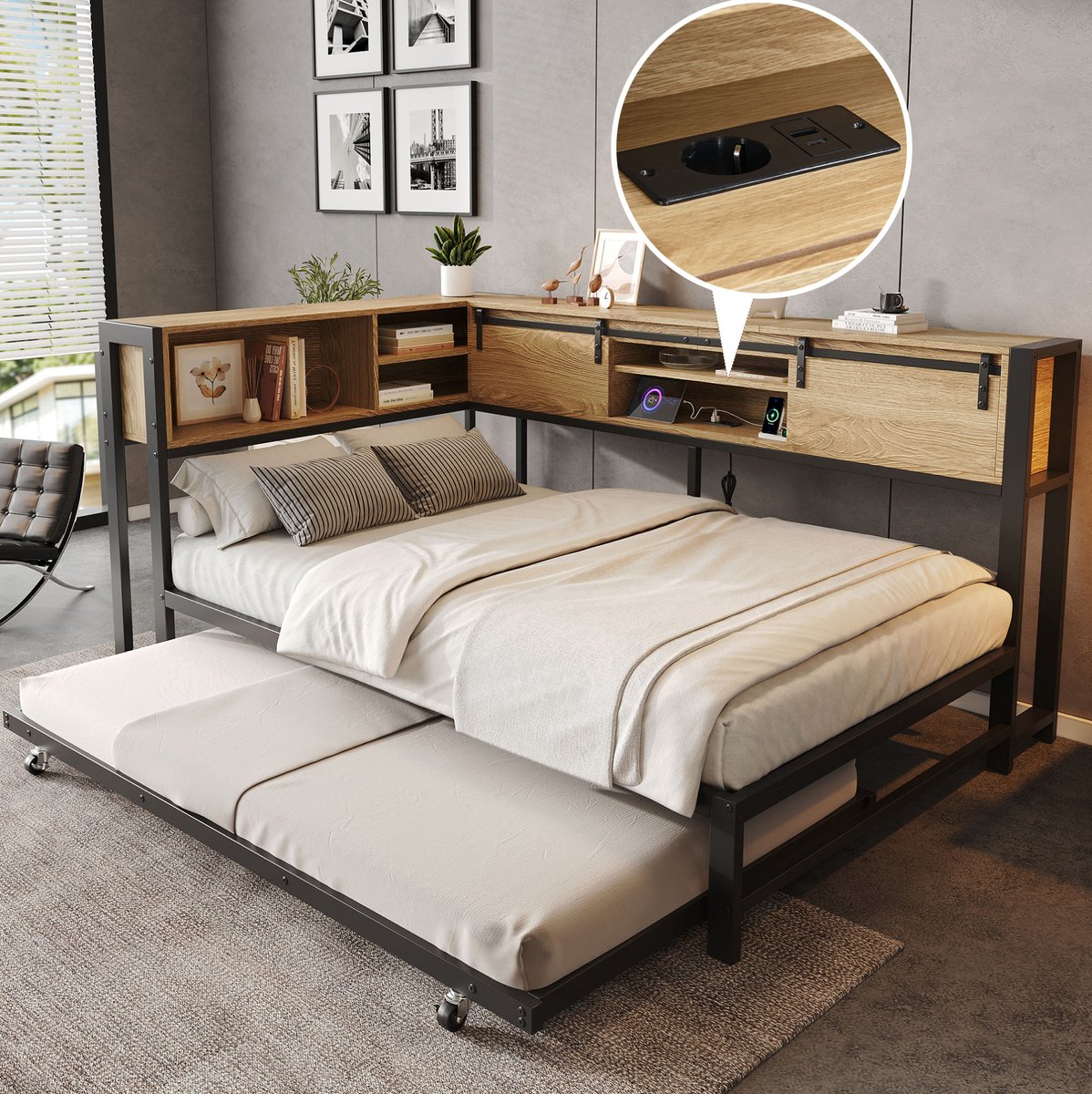 MODENUIT Metalen Bed – Uitziehbed – 120 x 200 cm – Metaal en Hout – Zwart en Naturel – Opberghoofdbord Met Laadpunt