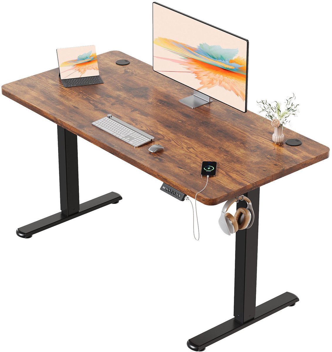 Devoko Elektrisch Verstelbaar Zit-Sta Bureau 100x60 cm Breed – Hoogte 73–118 cm – 2 Geheugenstanden, Zit-Herinnering, LED-Display en USB – Draagvermogen 70 kg – Vintagebruin