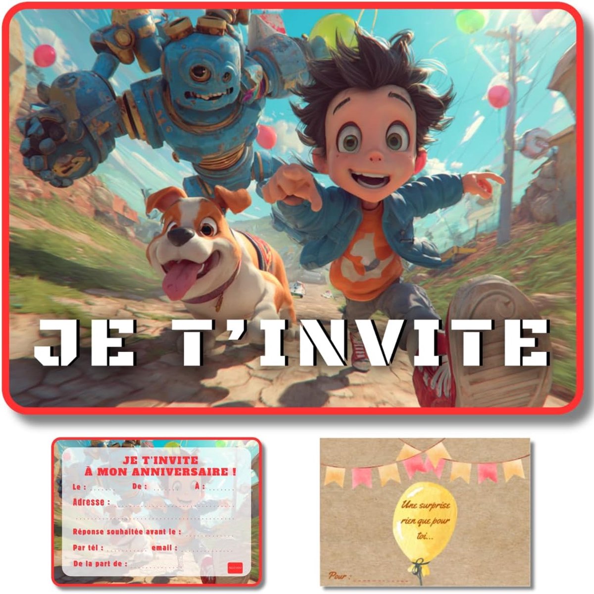 Uitnodigingskaarten verjaardag kinderen x 10 + bedrukte enveloppen - thema [eenhoorn/hond/robot] - ansichtkaartformaat - premium papier 350 g/m² (jongen avontuur - ik nodigt je uit!)
