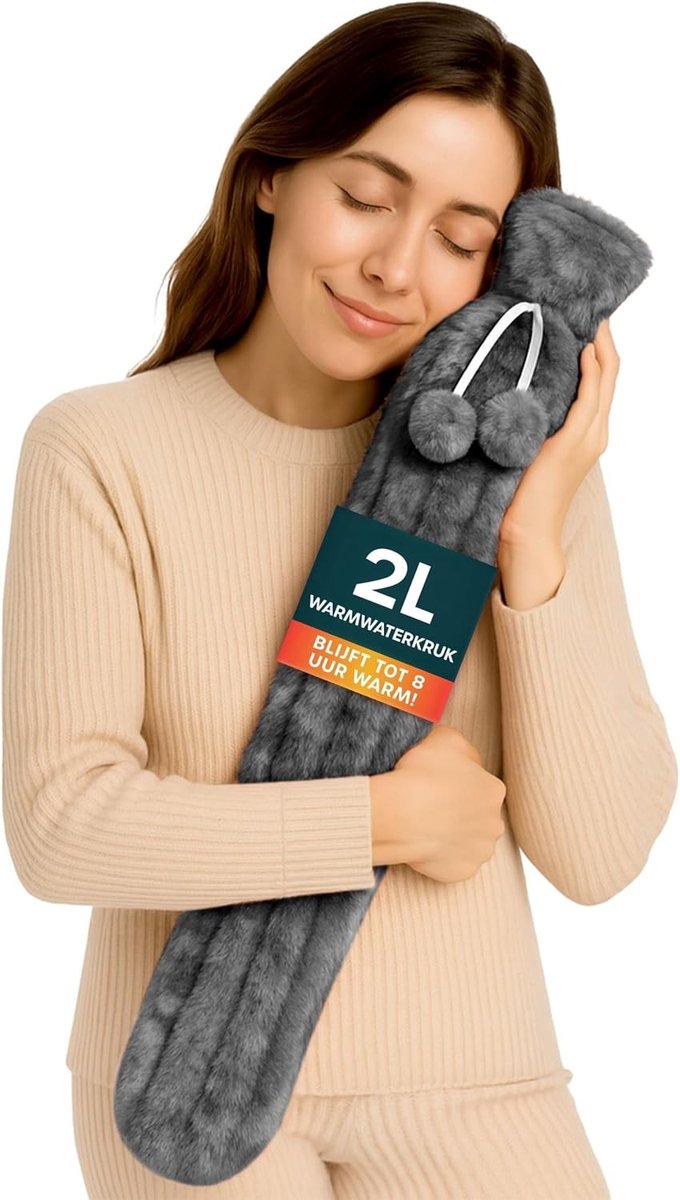 Lange Warmwaterkruik - Grijs - 72 cm - Rubber met Imitatiebont Hoes - Voor Pijnverlichting