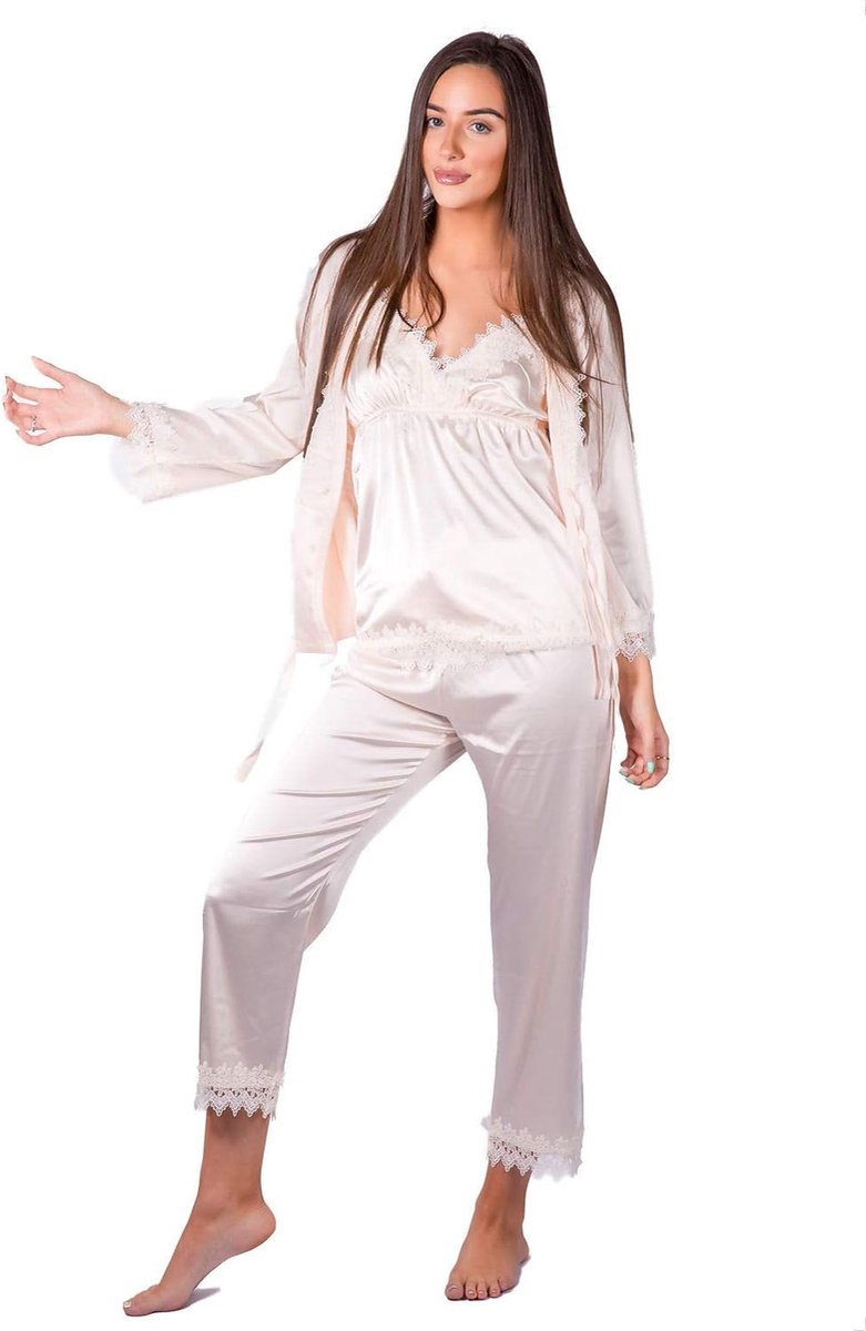 Pyjama voor dames met badjas, Crème, one size