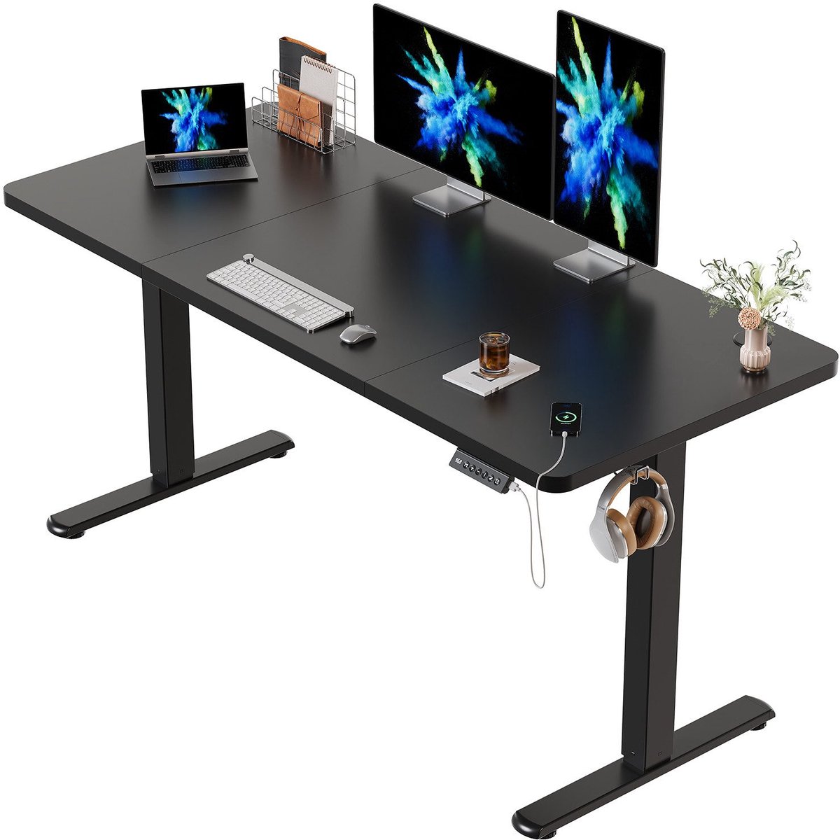 Devoko Elektrisch Verstelbaar Zit-Sta Bureau 140x60 cm Breed – Hoogte 73–118 cm – 2 Geheugenstanden, Zit-Herinnering, LED-Display en USB – Draagvermogen 70 kg – Zwart
