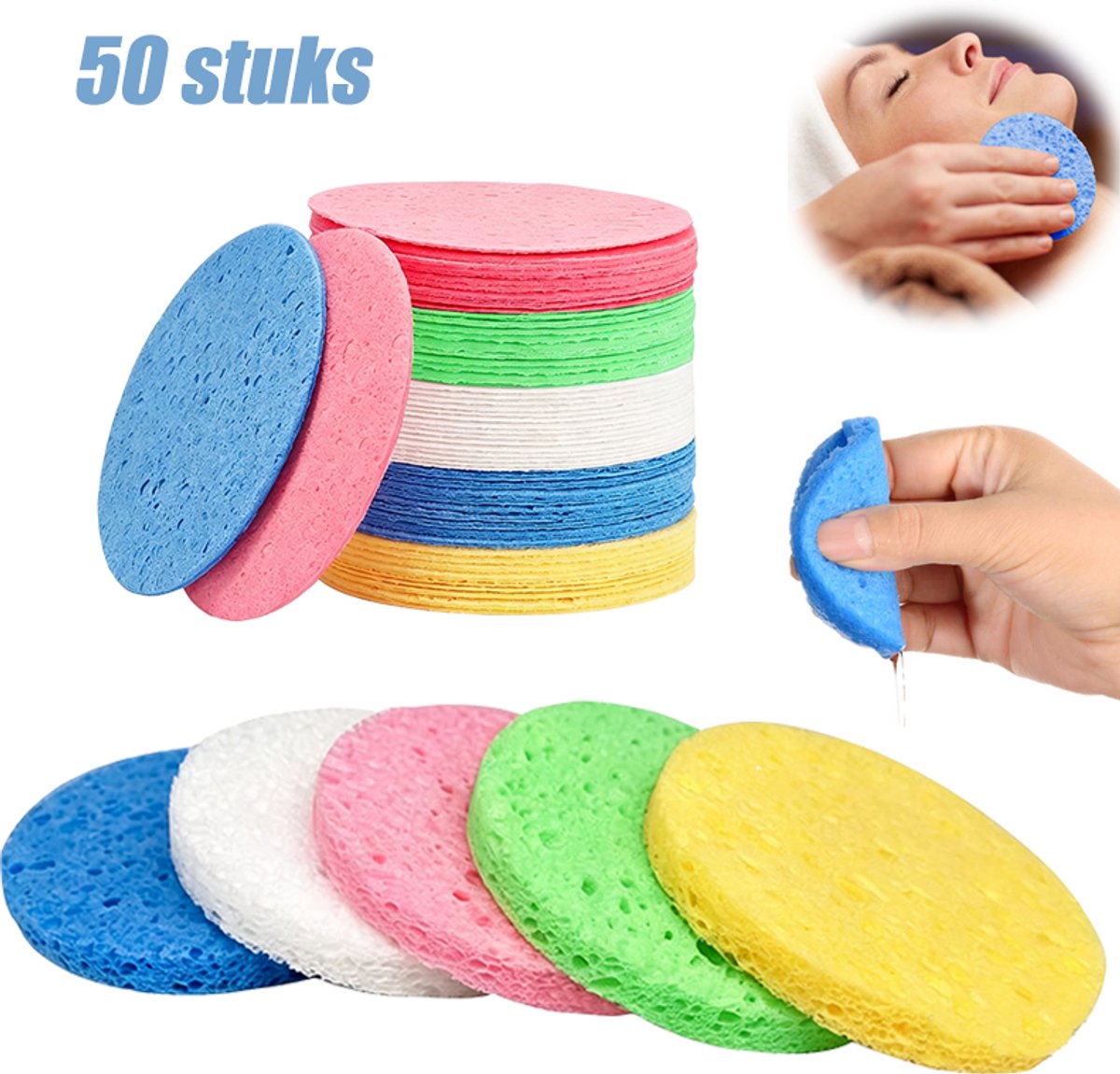 50 stuks - Reinigingssponsjes voor gezich - Gezichtssponzen herbruikbaar - Gecomprimeerde gezichtssponzen - Zet uit tot 8 cm bij water - 5 kleuren - voor dagelijkse reiniging, exfoliatie en het verwijderen van make-up
