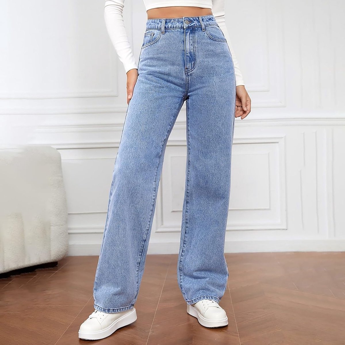 Dames jeans, hoge taille, rechte snit, wijd, elastisch