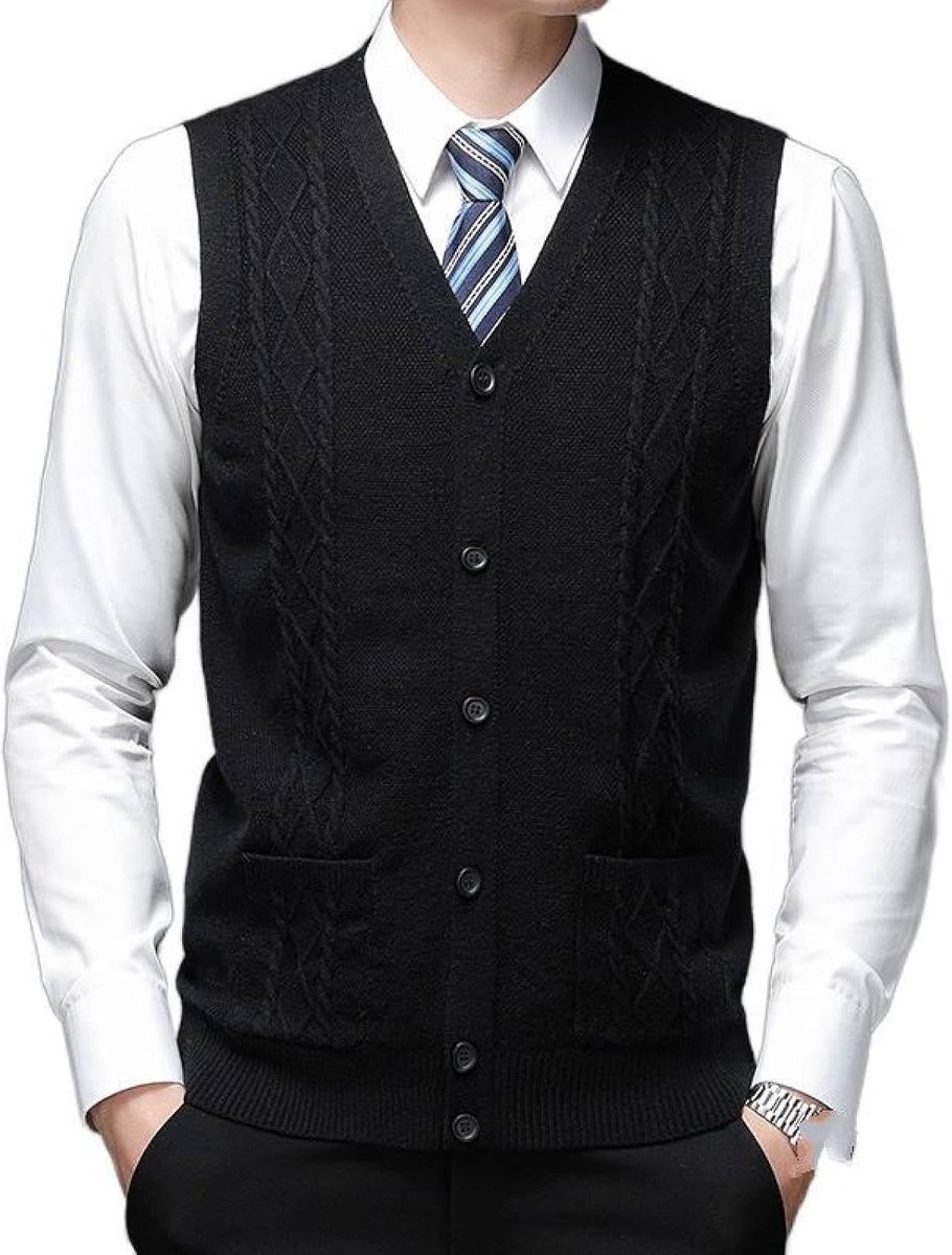 Effen Jacquard Gebreid Vest Bovenkleding, Jeugdmode Heren Argyle V-Hals Vest Vest Casual Trendy Trui, Klassiek Zakelijk Heren Gebreide Vest Trui Vest Tanktops, Zwart, S