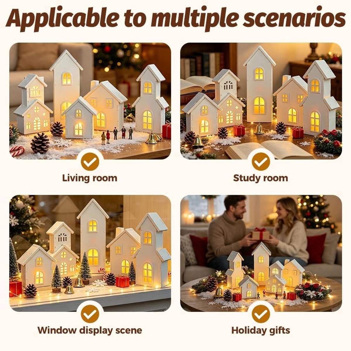 Verlichte Kerstdorp Set - Wit - 5 Stuks - Houten Kersthuizen met LED Licht - Voor Binnen – foto 6