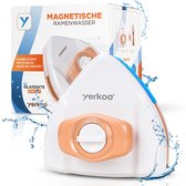 Witte en oranje magnetische raamreiniger van Yerkoo met instelbare magnetische kracht. Verpakking met blauwe accenten.