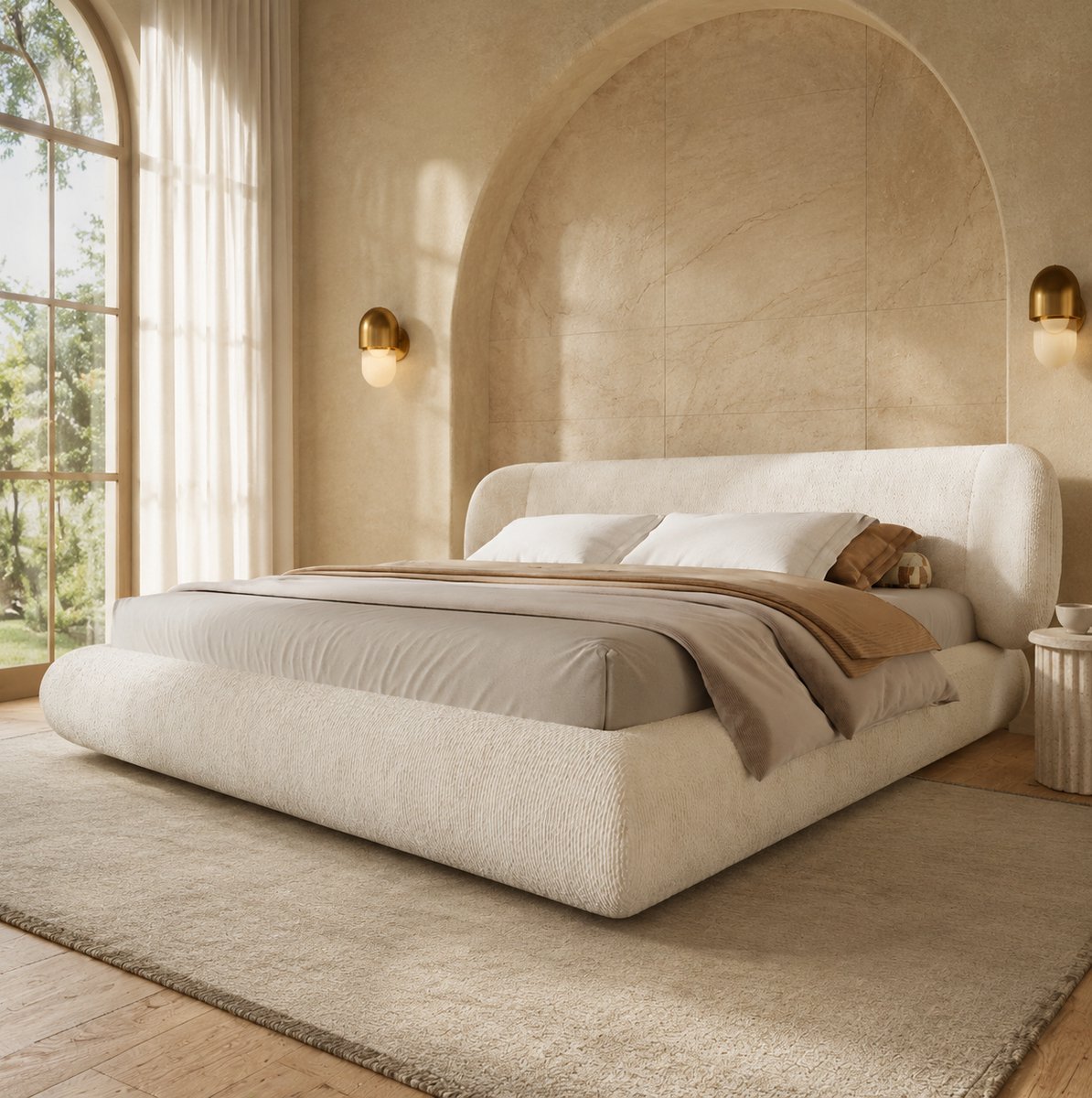 MODENUIT Gestoffeerd Bed – 160 x 200 cm – Lattenbodem met Hoofdbord – Chenille en Hout – Beige – Tweepersoonsbed