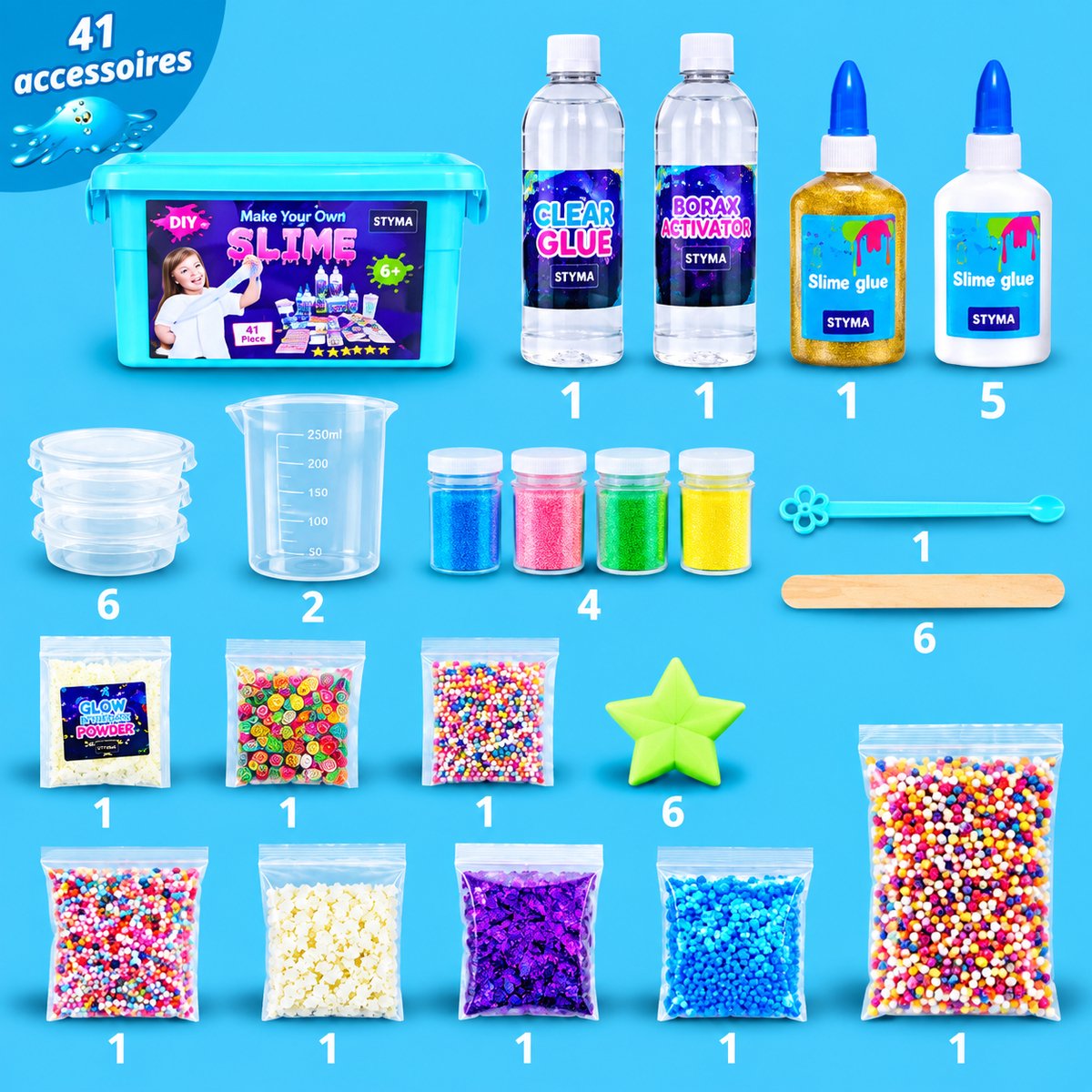 Styma - Slijm Maken - Slime - Slijm - DIY Pakket - Squishy Maker - Slijm Set - Glow in the Dark - Knutselen voor kinderen - Knutsel pakket - Sensorisch - 41 Pcs — afbeelding 3
