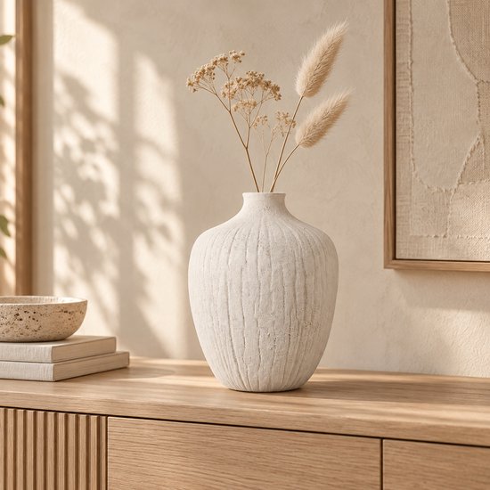 Fameilleur Vaas Beige Ø 20 x H 26,5 cm – Ronde Keramische Bloemenvaas van Stoneware – Schelpvormige Designvaas met Verticale Ribbelstructuur – Droogbloemenvaas, Takkenvaas en Moderne Woondecoratie voor Woonkamer en Eettafel- Beige vaas, keramische