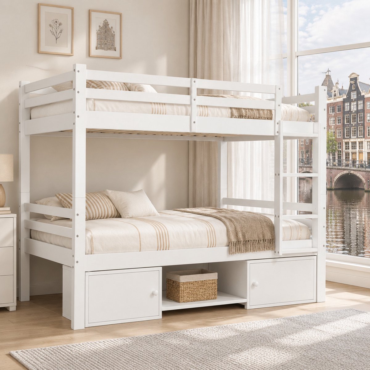 WUVRIE Stapelbed voor kinderen 90x200 cm, om te bouwen tot 2 eenpersoonsbedden met opbergruimte, wit