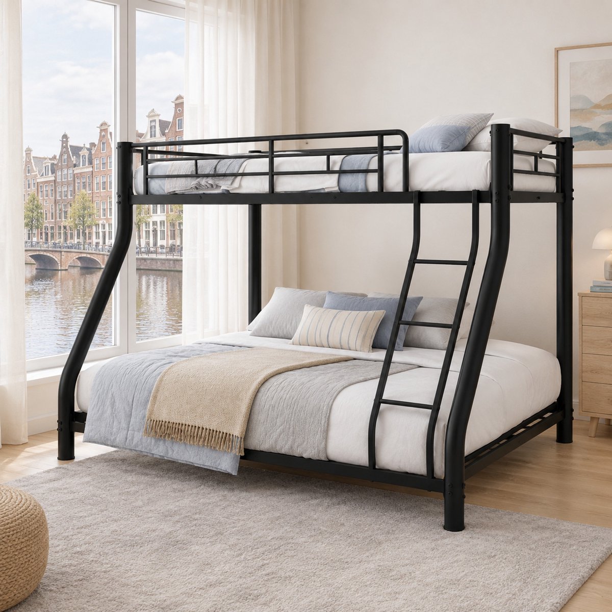 WUVRIE Stapelbed 90x190 en 140x190 cm met ladder en uitvalbeveiliging, metalen bedframe zwart