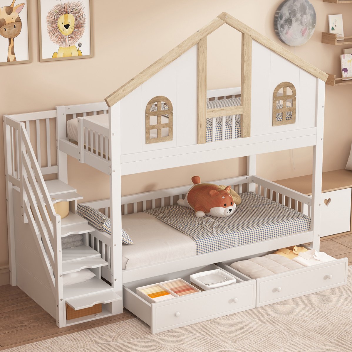 WUVRIE Stapelbed 90x200 cm met trapopberging, 2 lades en uitvalbeveiliging, wit/naturel