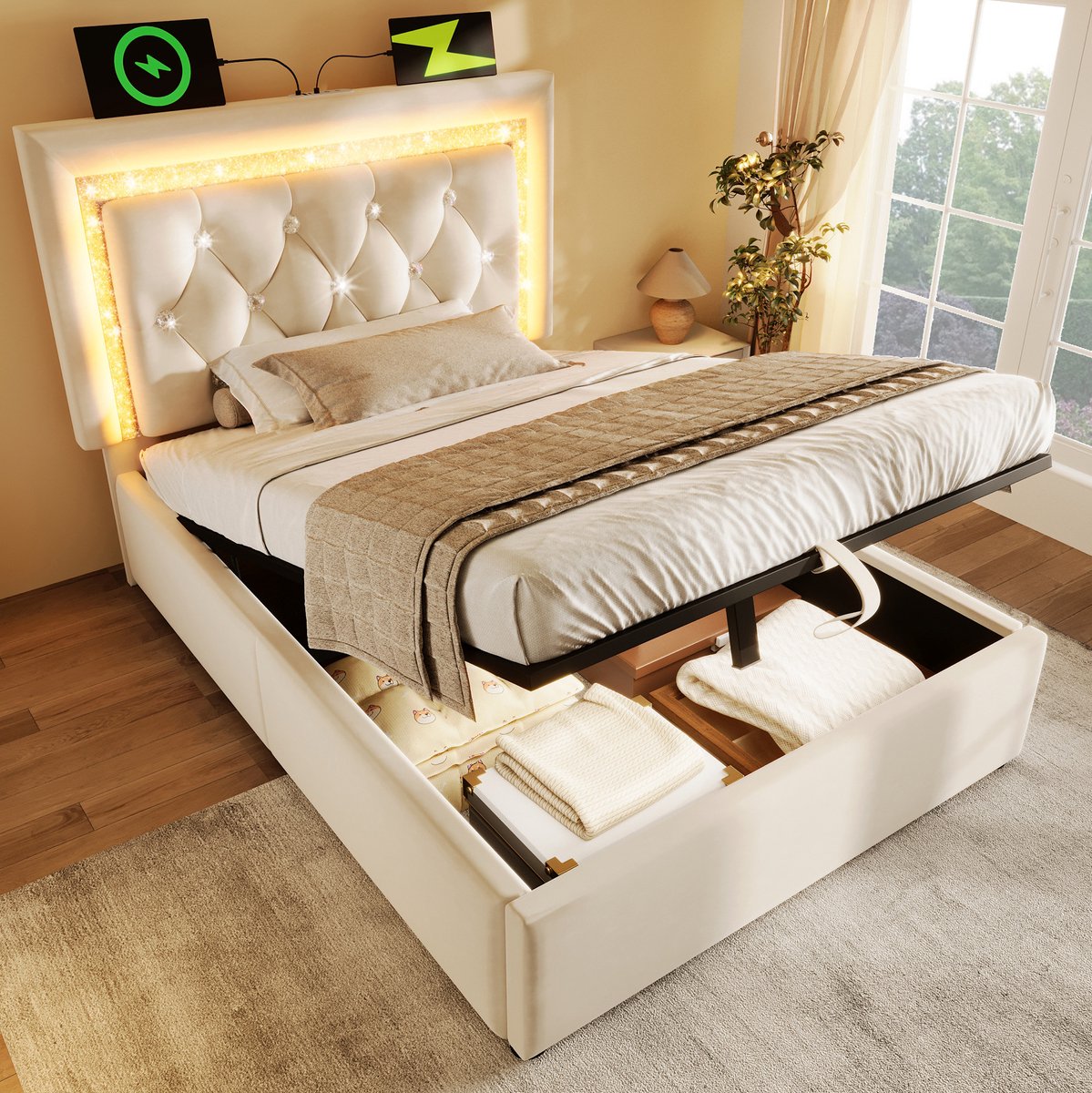 WUVRIE Gestoffeerd bed 90x200 cm met matras, LED, USB en Type-C, opbergruimte en lattenbodem, beige