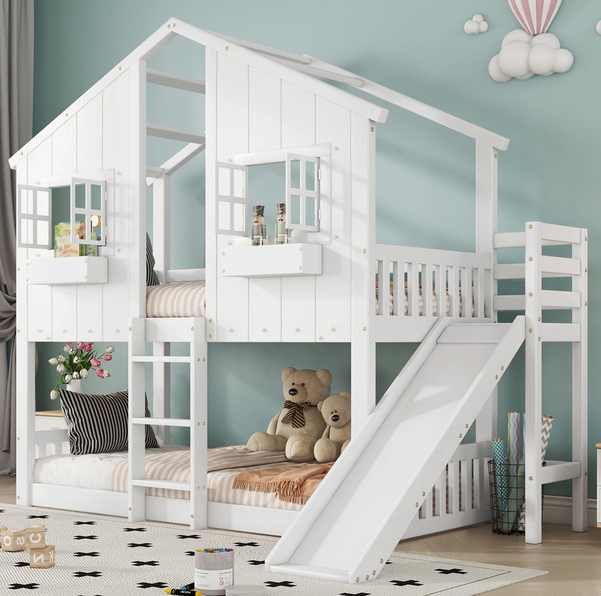 WUVRIE Stapelbed 90x200 cm met glijbaan, dak, ramen, veiligheidshek en 3-treeds ladder, wit