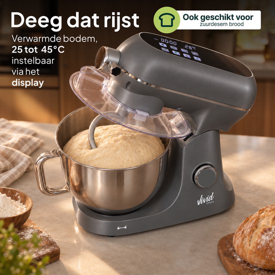 Vivid Green Luxe Keukenmixer - Touchscreen Display - 7L Mengkom - 11 Snelheden - Vaatwasserbestendig - Keukenmachine - Keukenrobot - Grijs van Vivid Green — afbeelding 4