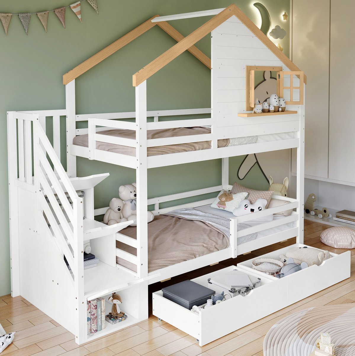 WUVRIE Stapelbed 90x200 cm met huisdak, opberglades en trap met lades, wit/naturel