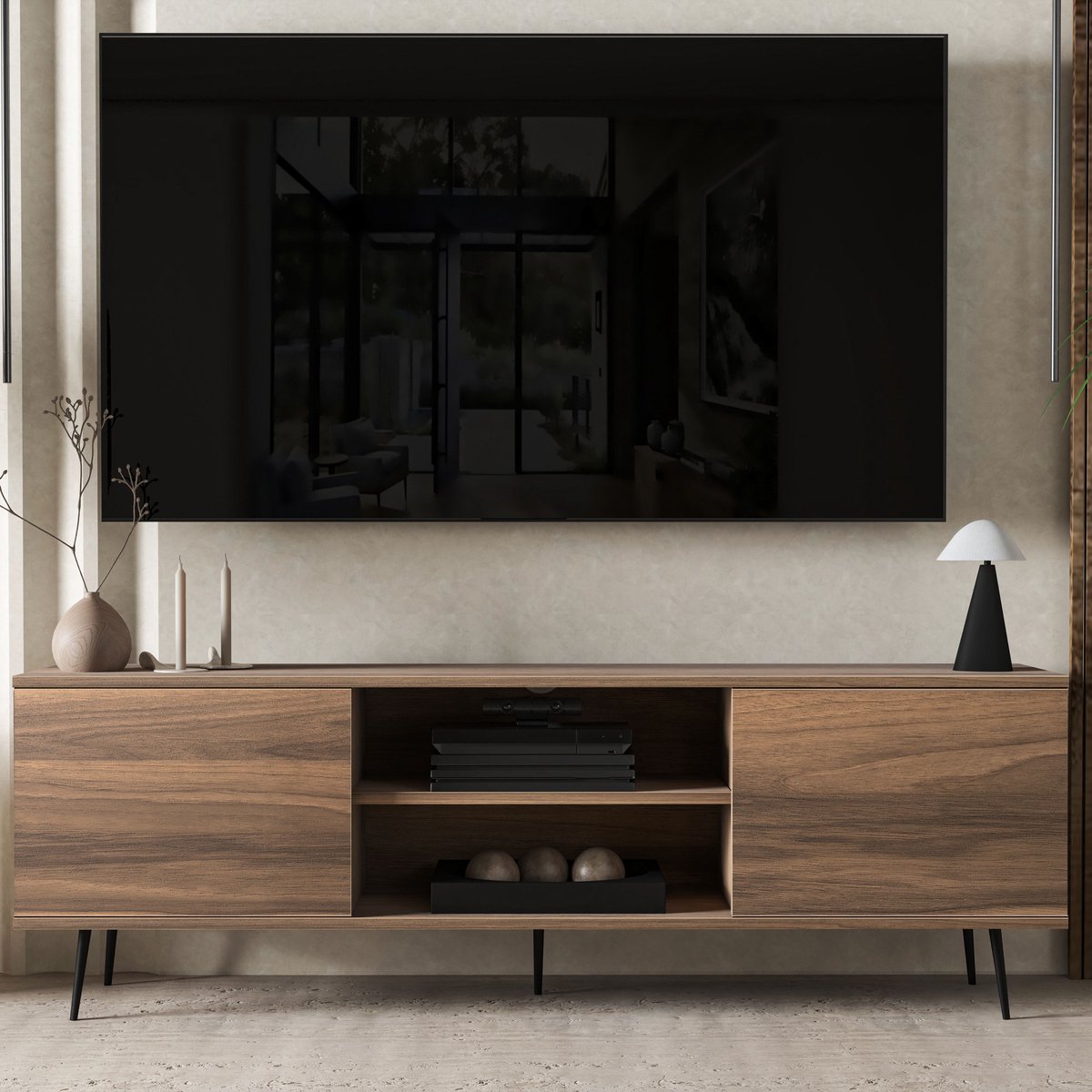 Brandloop Ares TV-meubel - 167 cm - 2 Deuren - Open Vak - Walnoot
