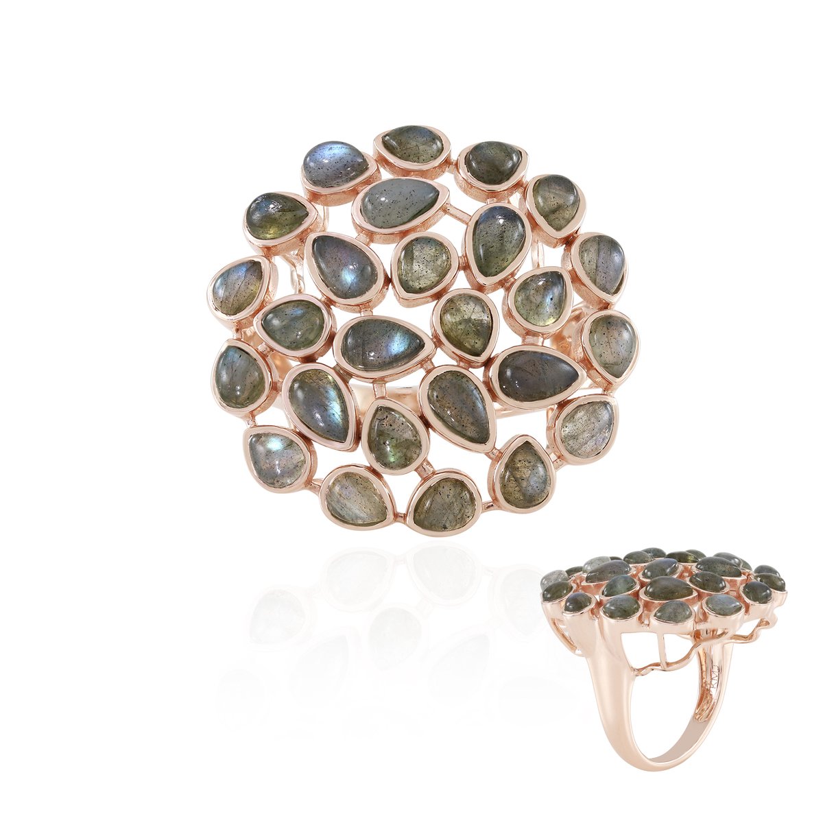 Cavill - 925 Zilver Roséverguld Ring - 5,31 ct Groene Labradoriet Cabochon - Peervormig - Elegante Cluster Sieraad
