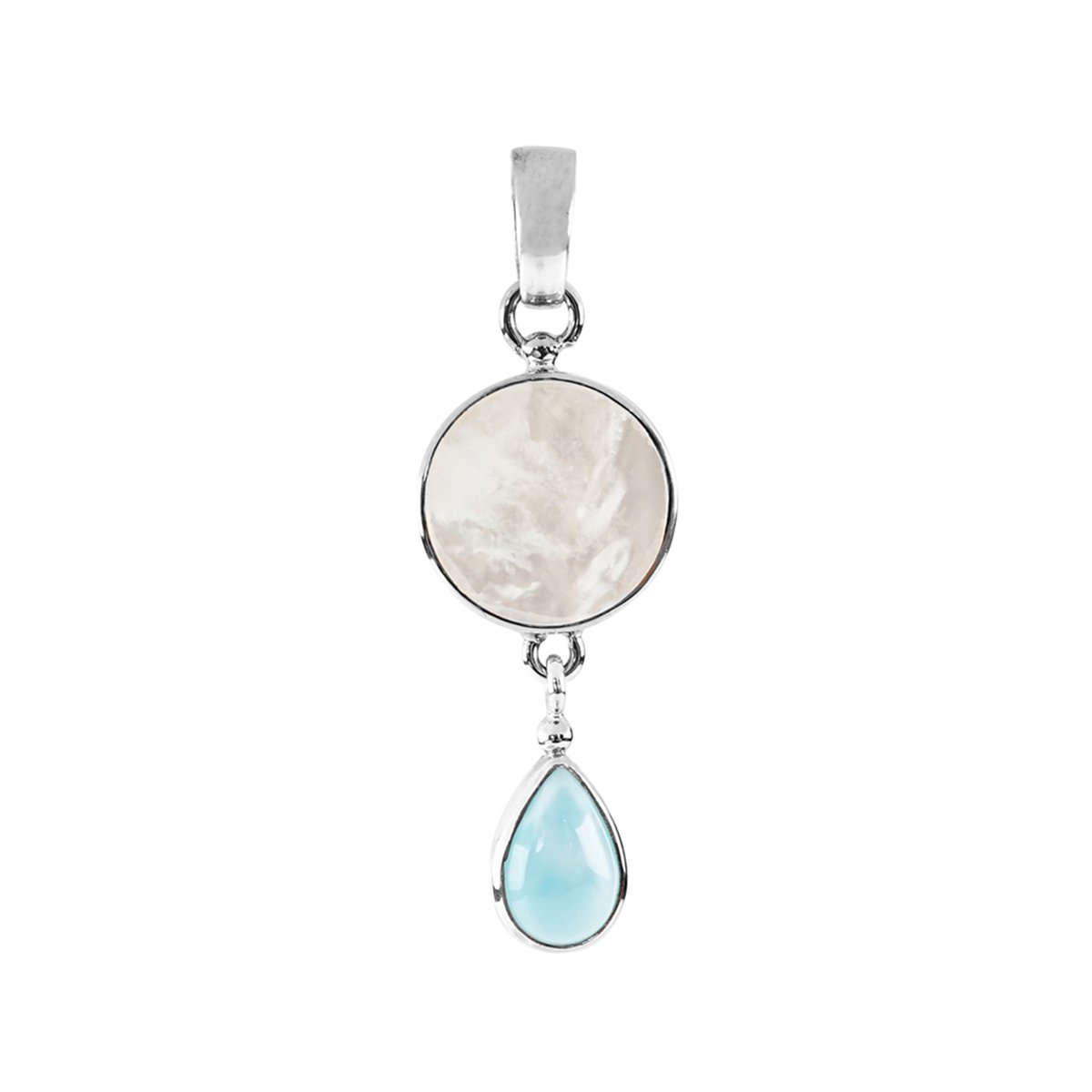 Cavill - Elegante 925 Sterling Zilver Hanger met 2,9 ct Larimar Druppel en 12 mm Rond Parelmoer - Platina Afwerking