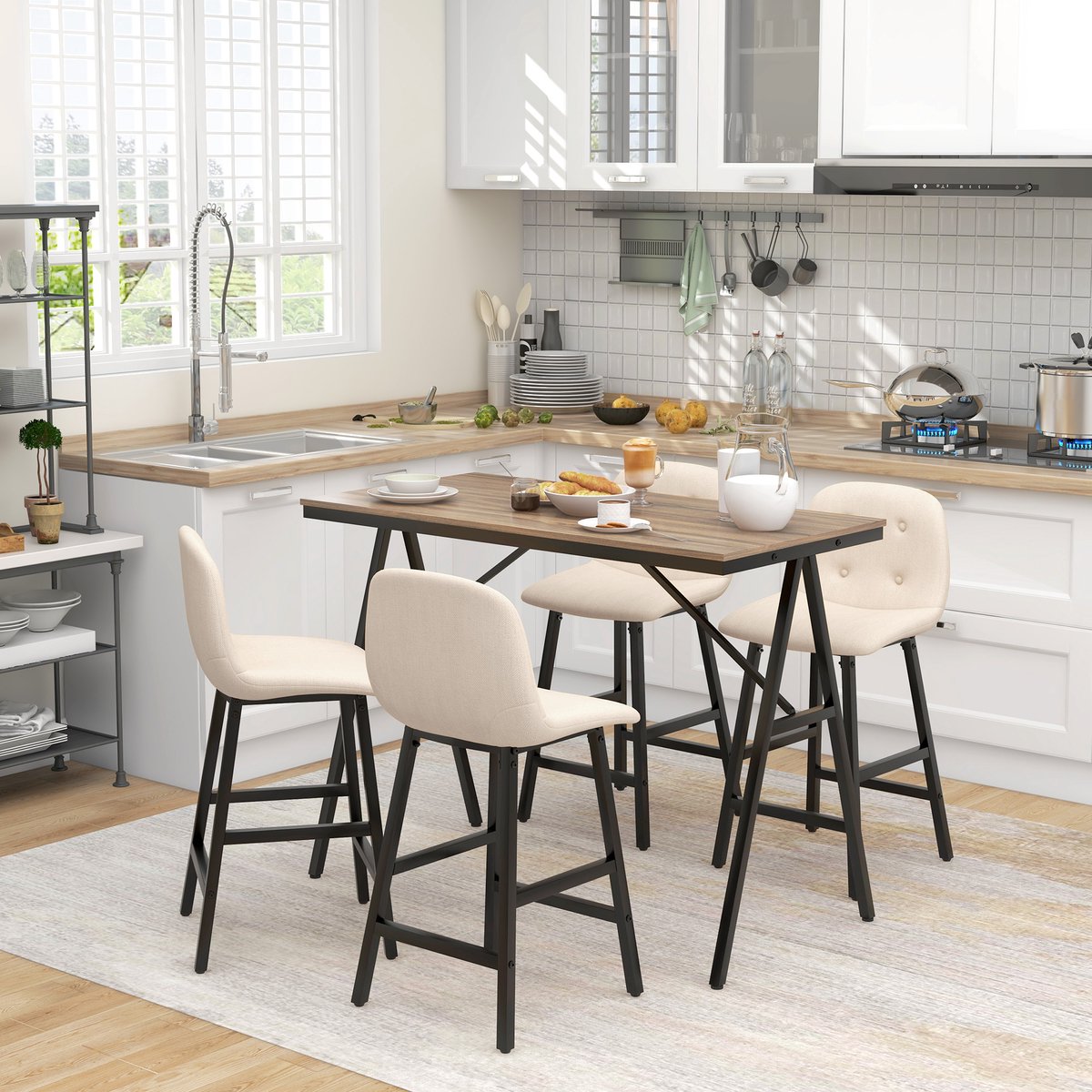 Barset - 5 - delig - tafel en 4 stoelen - knoopdetails - dikke bekleding - linnenlook - beige