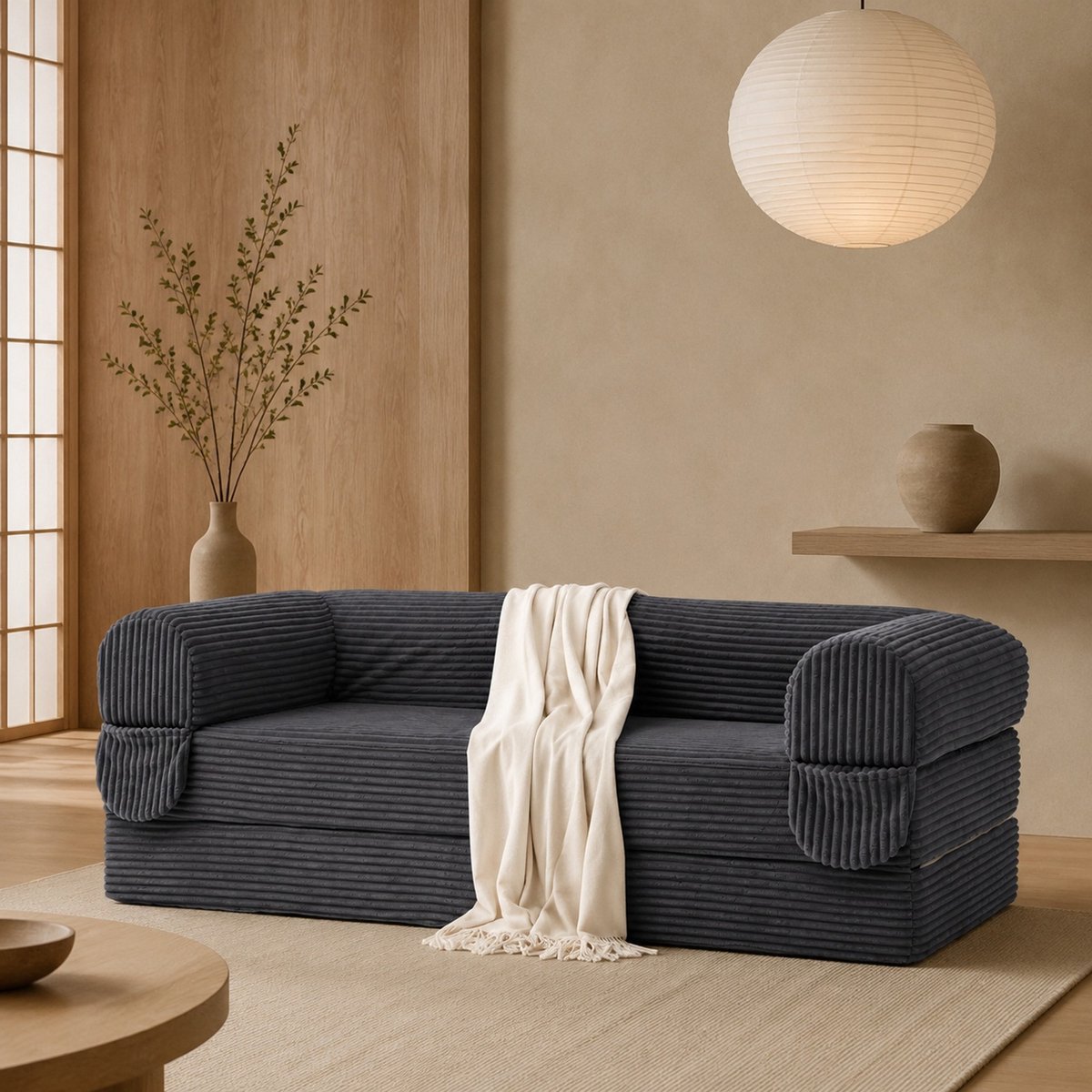 REDOM Slaapbank - 2-zits - Omvormbaar tot tweepersoonsbed - Hoogdicht polyurethaanschuim - Ribcordstof - Grijs - 202 x 84 x 62 cm