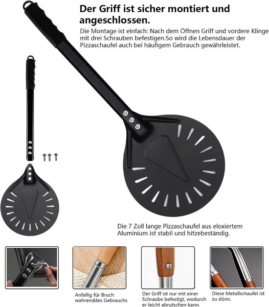 Pizzaschepset,pizzaschep geperforeerd aluminium comfortabele, afneembare steel Inclusief 7inch pizzadraaier en 12inch pizzaschep voor het draaien en verplaatsen van pizza's — afbeelding 4
