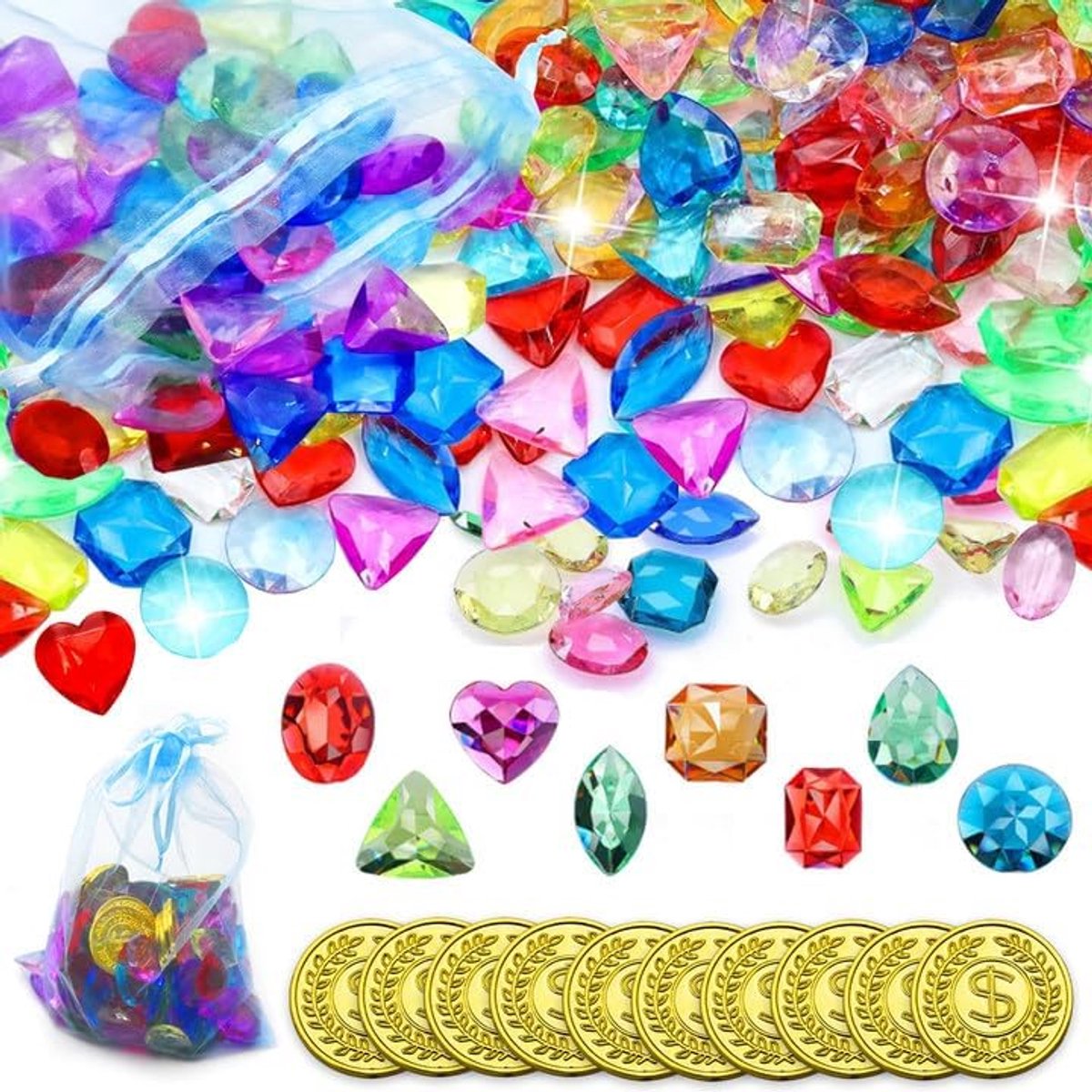 Edelstenen voor kinderen, 100 stuks acryl diamanten voor kinderen, transparante edelstenen voor kinderen, kleurrijke diamant met 10 gouden munten, kristallen edelsteen voor schat, bruiloft,