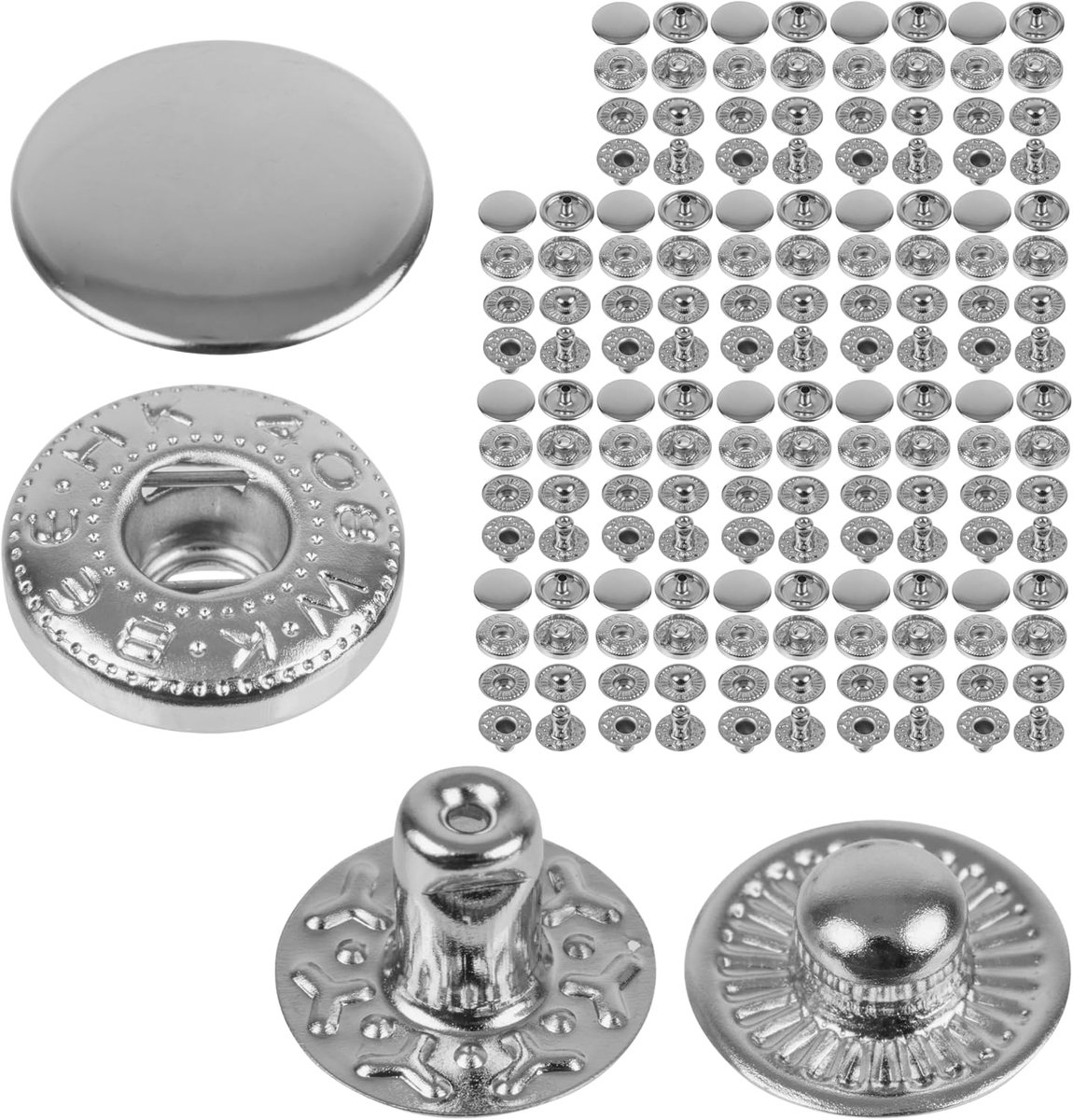 Knopen, Ø 15 mm, 20 paar, zilverkleurig, set zonder gereedschap, stoffen clips voor doe-het-zelf, drukknop met ringveer-sluiting, metalen reparatieteknoppen, reserveknoop