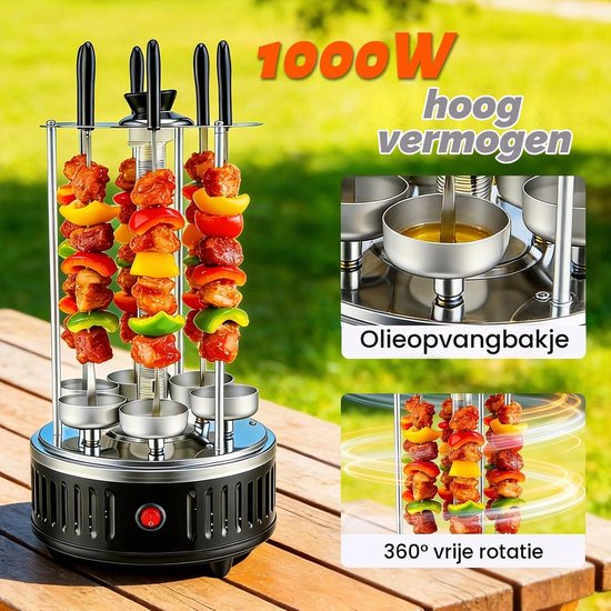 Elektrische tafelgrill, verticale barbecue van roestvrij staal, sjasliekgrill met 12 spiesen en 2 glazen buisverwarmingen, 1000 W, rookvrije binnengrill voor thuis, balkon, tuin — afbeelding 3