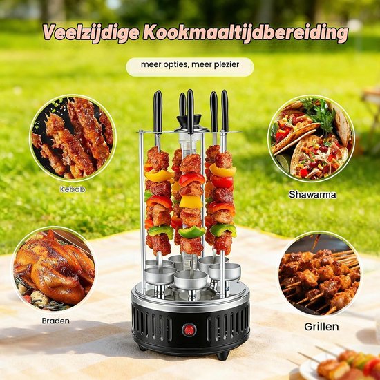 Elektrische tafelgrill, verticale barbecue van roestvrij staal, sjasliekgrill met 12 spiesen en 2 glazen buisverwarmingen, 1000 W, rookvrije binnengrill voor thuis, balkon, tuin — afbeelding 5