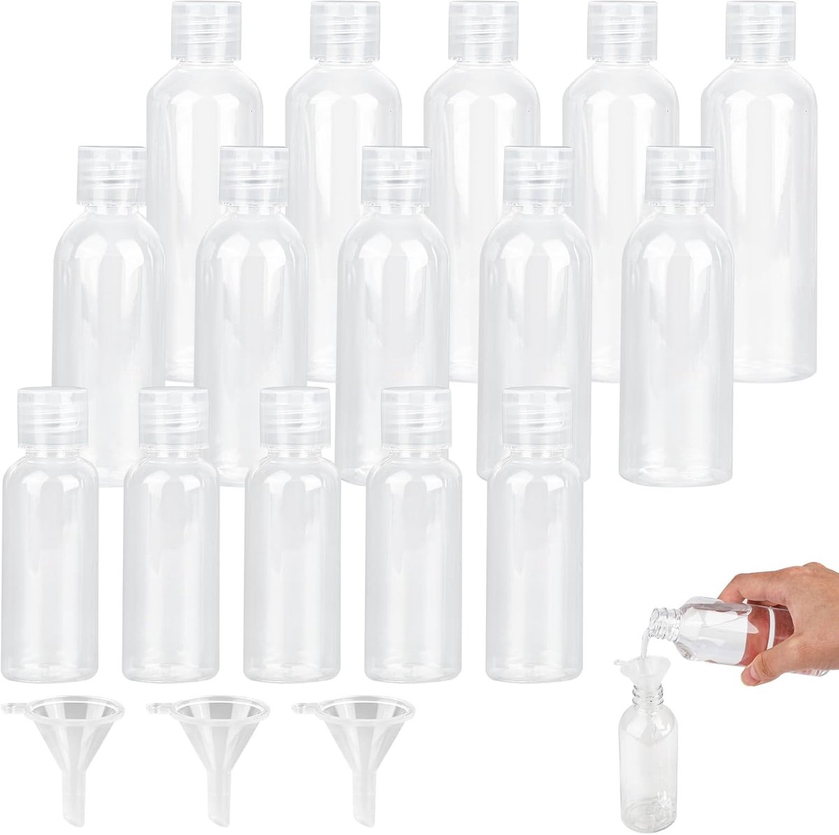 15 stuks reisflesjes-set, reisformaat containers met 50 ml, 80 ml, 100 ml, reiscontainers voor vloeistoffen met 3 trechters, kleine plastic flesjes om te vullen voor shampoo, conditioner, reizen