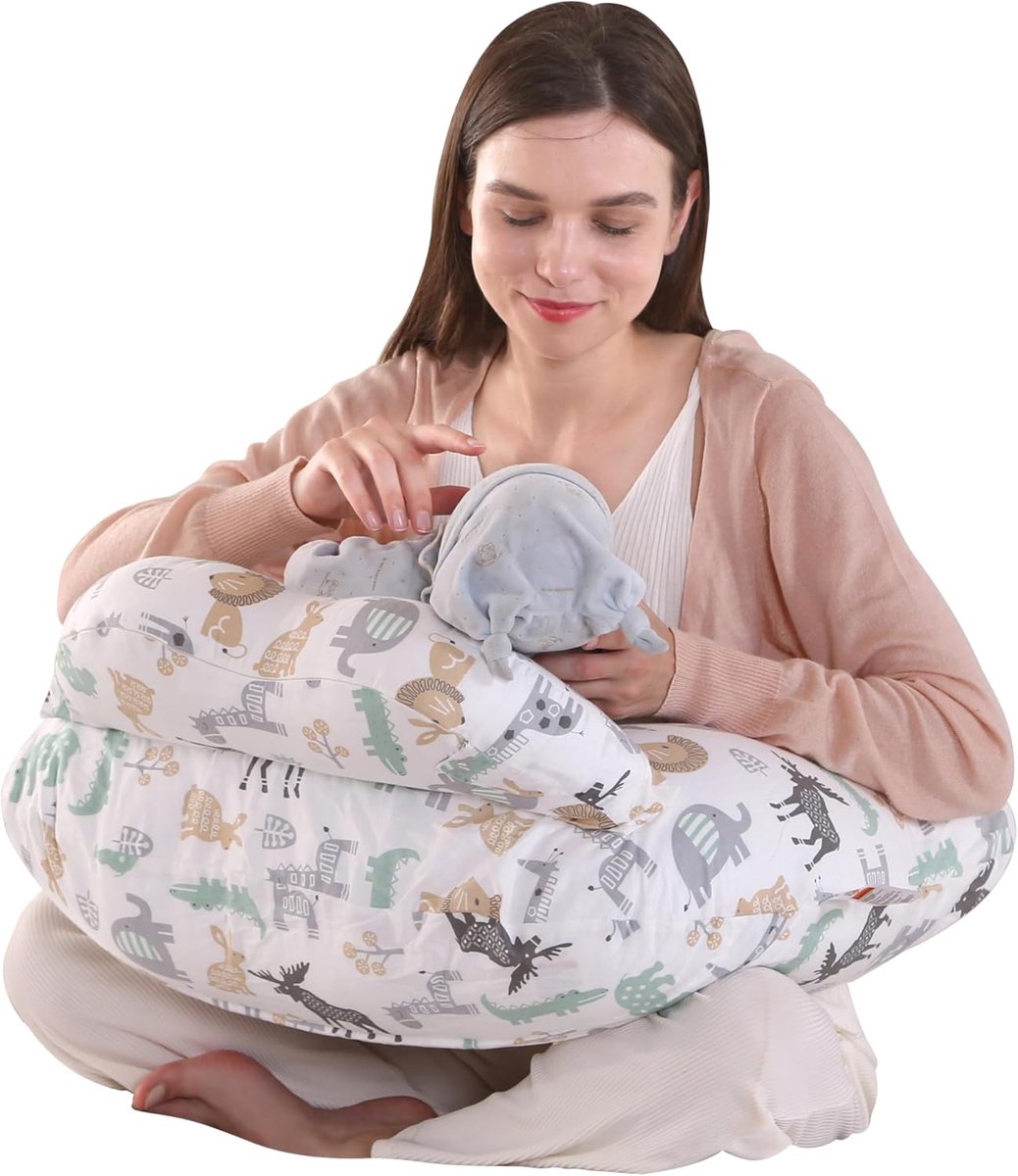 Verpleegkussen voor Borstvoedende Baby, Multifunctioneel Borstvoedingskussen met Verstelbare Heupband en Veiligheidsbescherming, 100% Katoen Afneembare Kussensloop, Dierlijk Patroon