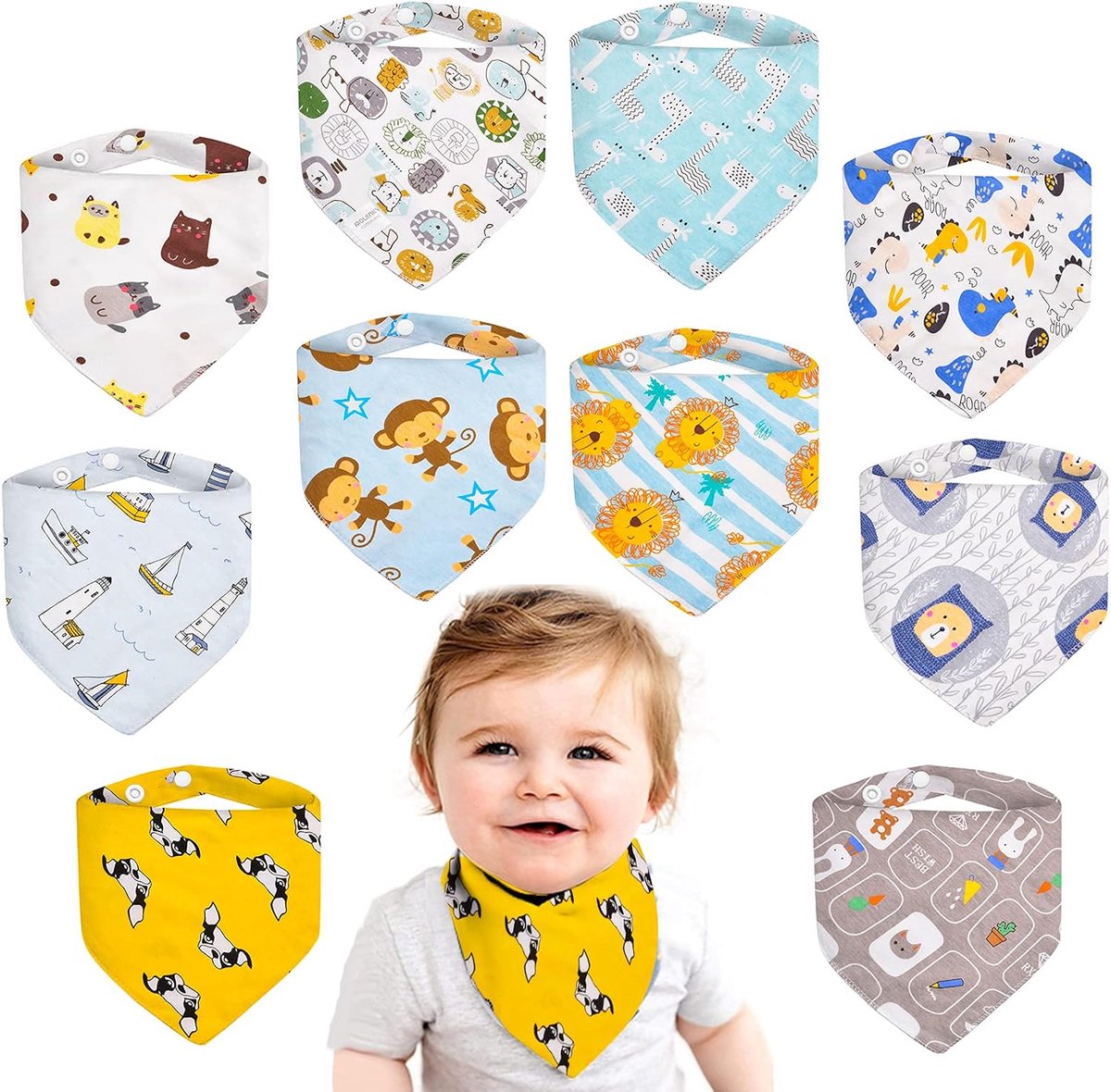 Slabbetjes Bandana Slabbetje met 2 Verstelbare Knopen, Set van 10, 100% Katoen baby Bandana Slabbetjes, Zacht & Absorberend, Baby Driehoek Slabbetje voor Jongens Meisjes