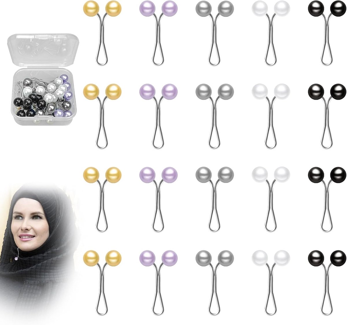 20 stuks Hijab clips, parelclip, sjaalspelden, parelbroche, parel-U-vormige pin, traanclip, pullover sjaal clip, voor vrouwen, dames, dameskleding sjaal (zwart, wit, grijs, lichtpaars, goud)