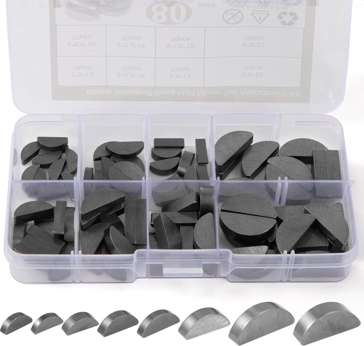 Veerwiggen, 80 stuks, 3, 4, 5, 6 mm, halve maan passveer, schijfveer, meeneemwigset voor vliegwiel, riemschijf, krukassen