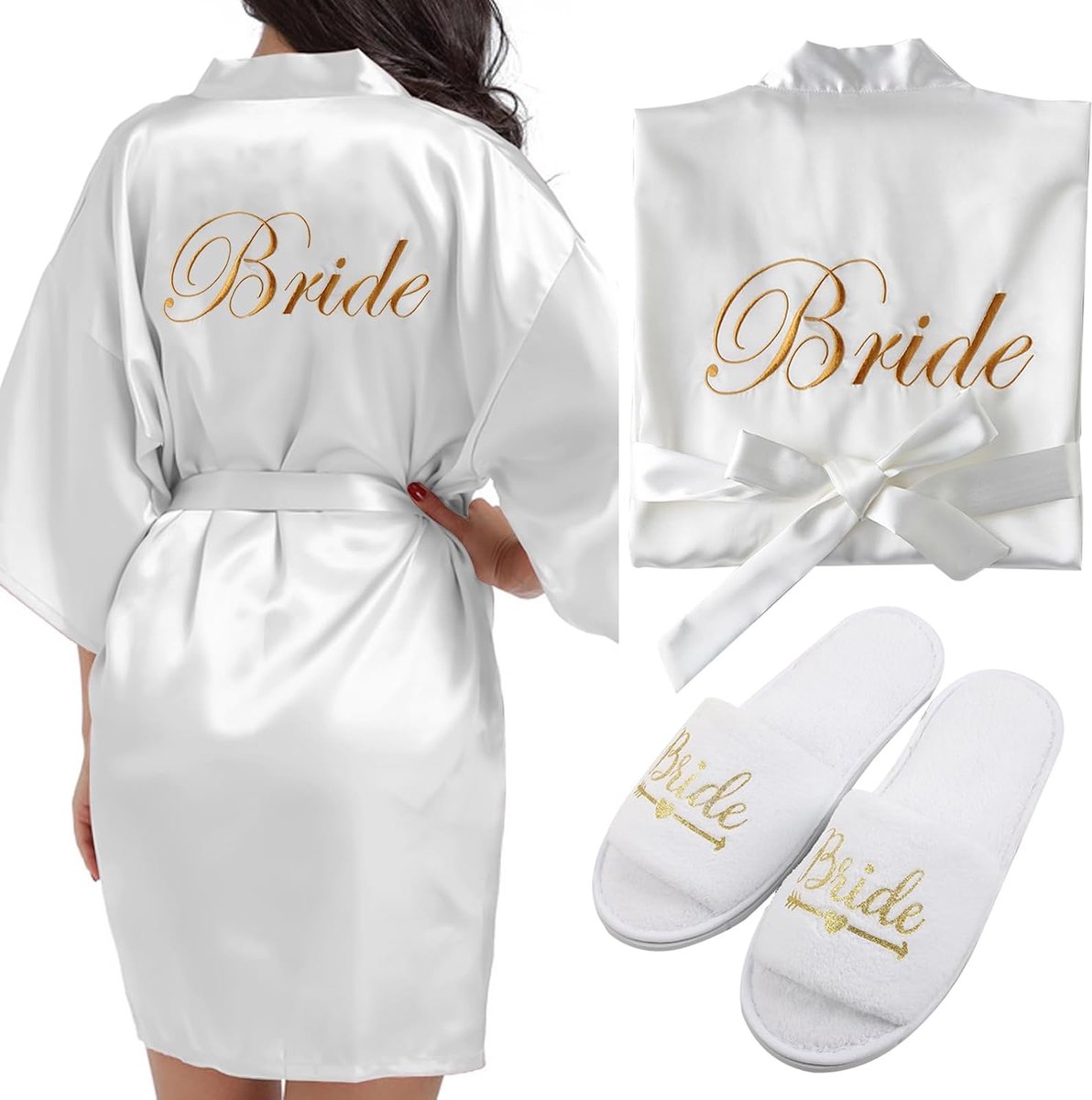 Satijnen kimono, V-hals, bruidsdagjurk, met pantoffels, voor bruiloft, JGA-feest, decoratie, wit, one size