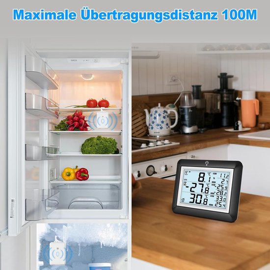 Koelkastthermometer, digitaal met alarm, vriesthermometer met 100 m bereik, achtergrondverlichting, -40 °C tot 60 °C meting, max/min waarden, geschikt voor keuken en restaurant — afbeelding 3