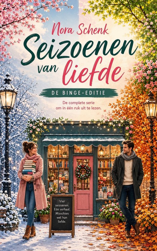 Boekcover met titel 'Seizoenen van liefde'. Vrouw met boeken voor een winkel in de herfst/winter.