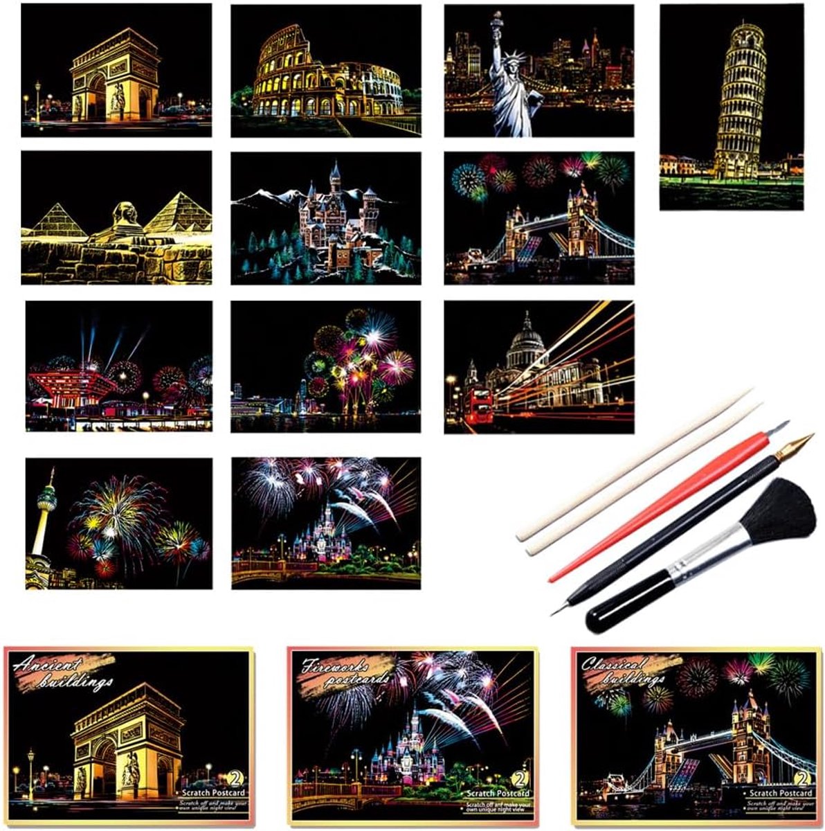 12 stks Scratch Art Papier Regenboog Schilderen Schets Stad Serie Night Art Craft Scratch Scratchboard voor Volwassenen en Kinderen met 5 Gereedschappen.