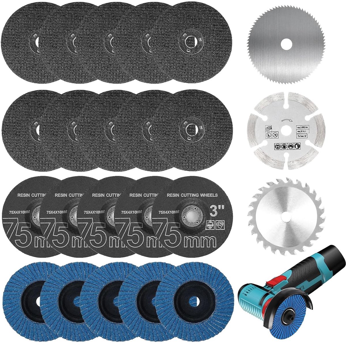 23 stuks 75 mm snijschijven en lamellenschijvenset, boring Ø 10 mm, haakse slijper accessoires voor mini-haakse slijper, snijden, polijsten, slijpen van metaal, hout, kunststof