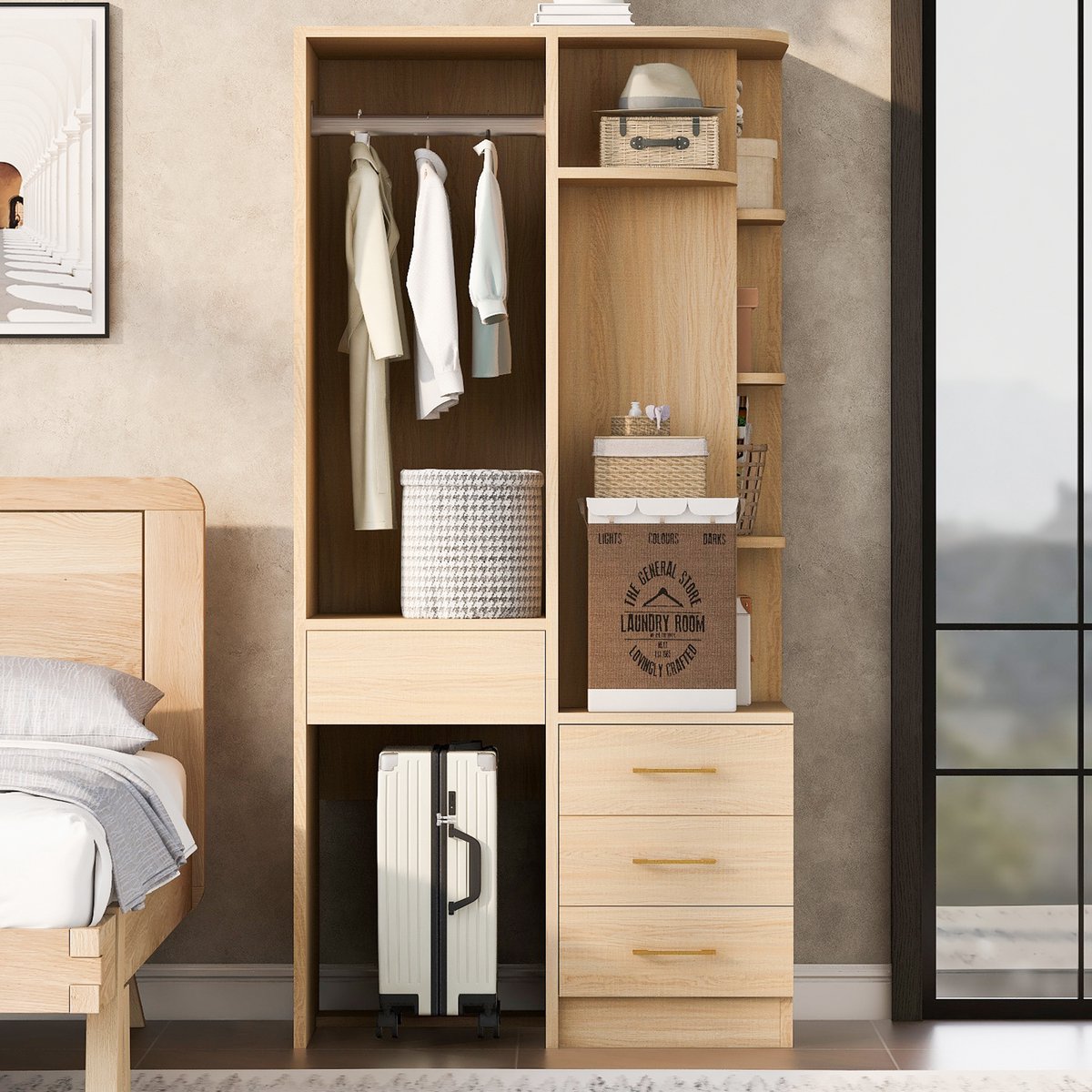VVBV Kledingkast 70x55x175 cm – Opbergruimte, Lades en Legplanken – Minimalistisch – Modern Design – Voor Woonkamer – Voor Slaapkamer – Natuurlijk Hout Naturel