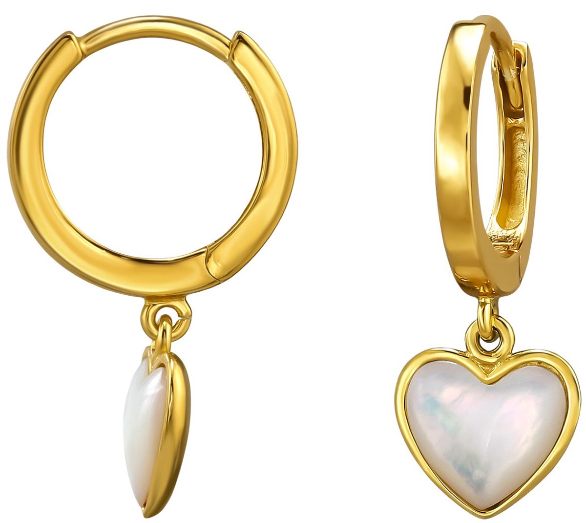 Joy|S - Zilveren hartje bedel oorbellen - 12 mm oorringen met hartjes - witte schelp - gold plated - klapscharnier sluiting - sterling zilver 925