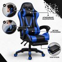 Bayt gamingstoel in zwart en blauw, met nadruk op de afneembare hoofdsteun, betere zithouding en inklapbaar voetensteun.