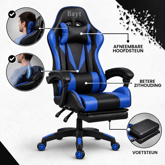 Bayt gamingstoel in zwart en blauw, met nadruk op de afneembare hoofdsteun, betere zithouding en inklapbaar voetensteun.