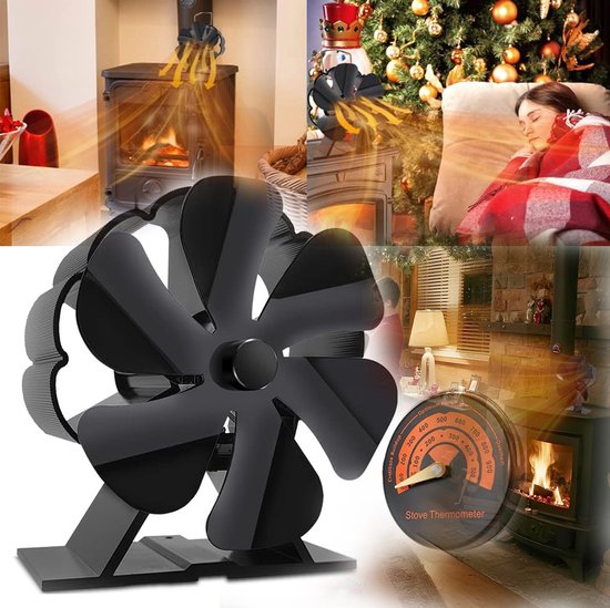 Collage: kachelventilator op verschillende haarden, bij een kerstboom en naast een slapende vrouw. Inclusief thermometer.