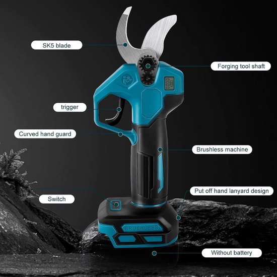 Snoeischaar compatibel met Makita 18V accu, borstelloze handheld elektrische snoeischaar met 2 versnellingen, digitaal display, 30 mm snijdiameter, slijpsteen en reservemessen (geen batterij — afbeelding 4