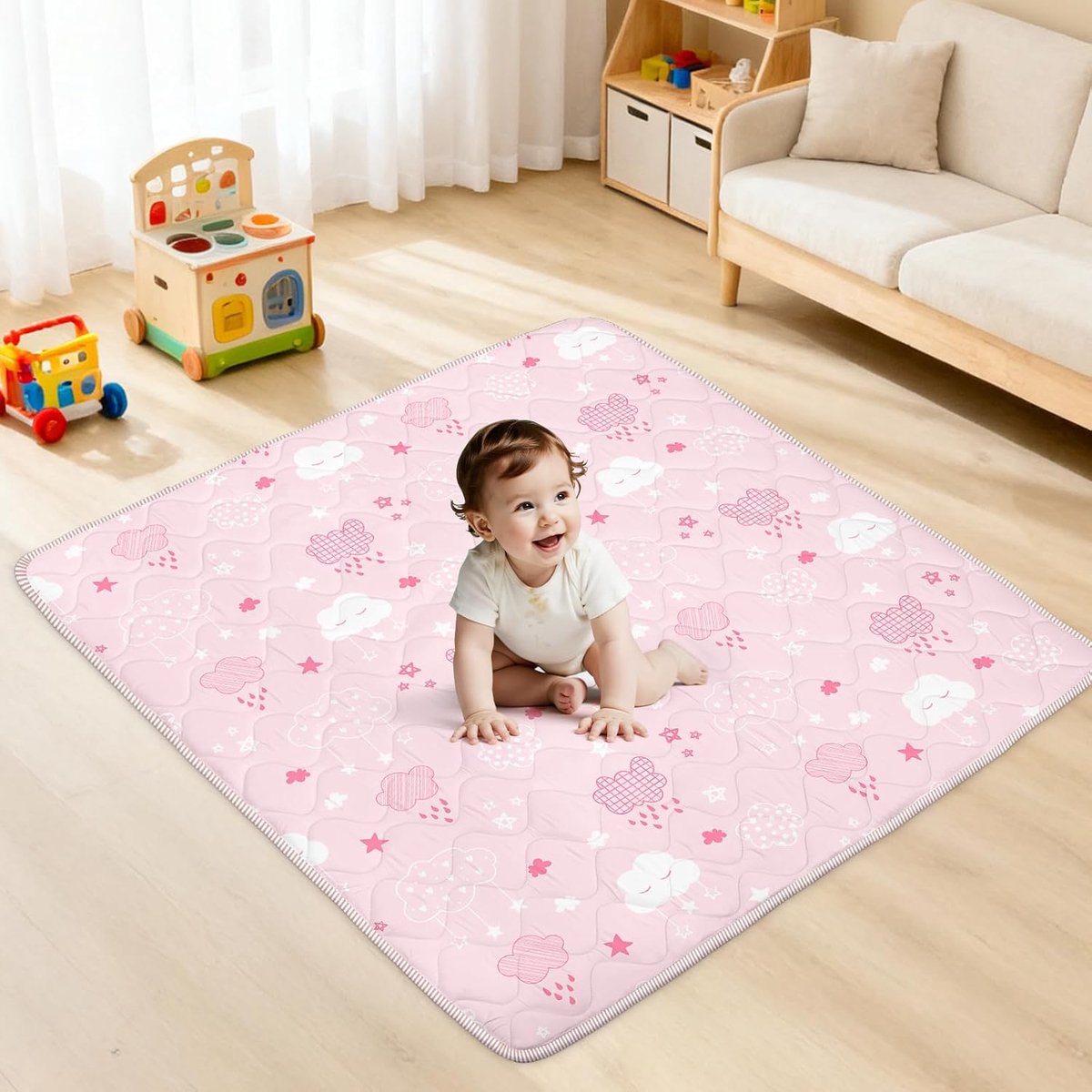 Babyspeelmat voor op de grond, 127 x 127 cm babyspeelmat, zacht schuimvloermat, wasbaar, opvouwbaar voor buiktijd, veilige antislip achterkant voor kruipende pasgeborenen, peuters, kinderen, roze