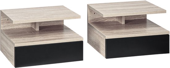Twee zwevende nachtkastjes met eikenfineer en een zwart vak.